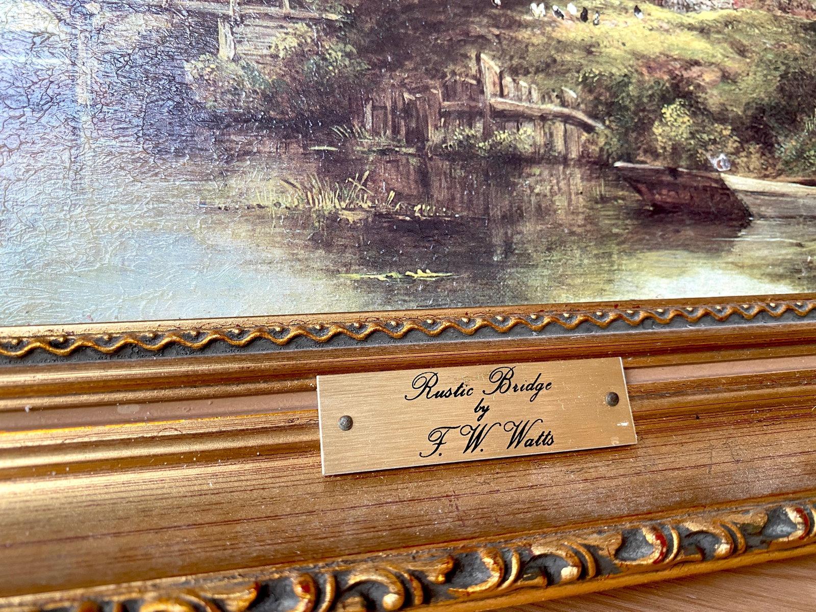 Antique framed painting by F.W.Watts - Rustic Bridge - 8