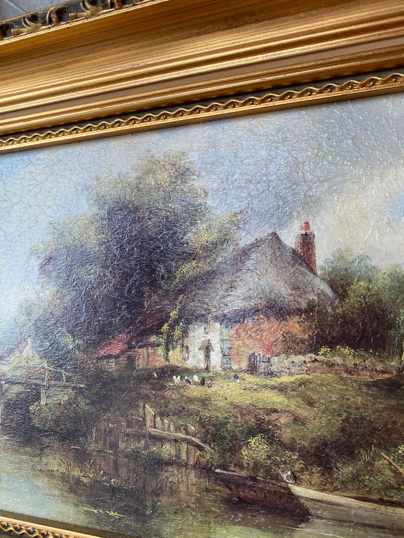 Antique framed painting by F.W.Watts - Rustic Bridge - 9