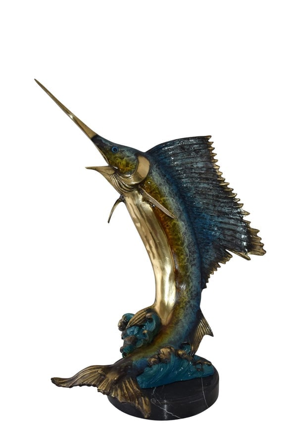 Gold And Blue Sailfish Swimming In Ocean Bronze Statue Size: 18" x 16" x 26"H: Title:Gold And Blue Sailfish Swimming In Ocean Bronze Statue Size: 18" x 16" x 26"H Description:This bronze statue of a marlin fish in the ocean carries a nautical presence and would be a great