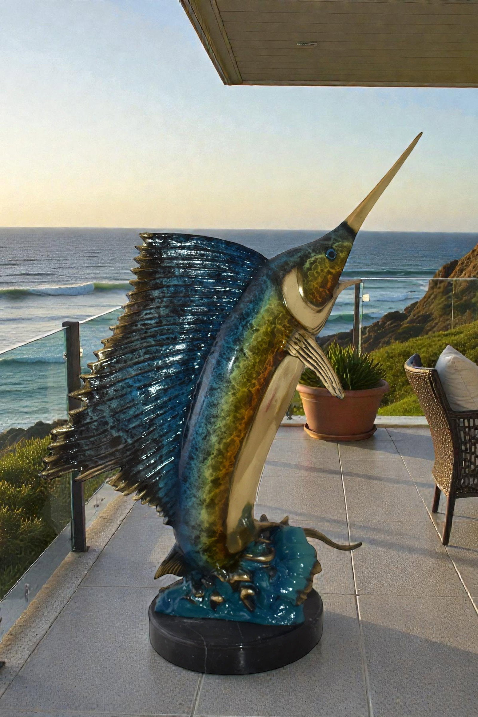 Gold And Blue Sailfish Swimming In Ocean Bronze Statue Size: 18" x 16" x 26"H - 2
