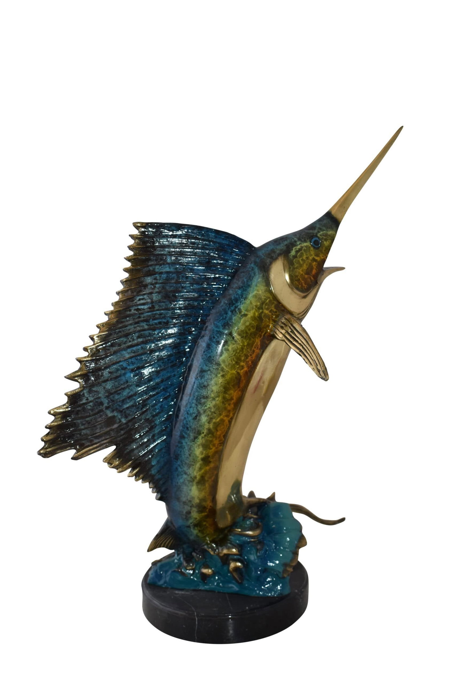 Gold And Blue Sailfish Swimming In Ocean Bronze Statue Size: 18" x 16" x 26"H - 3
