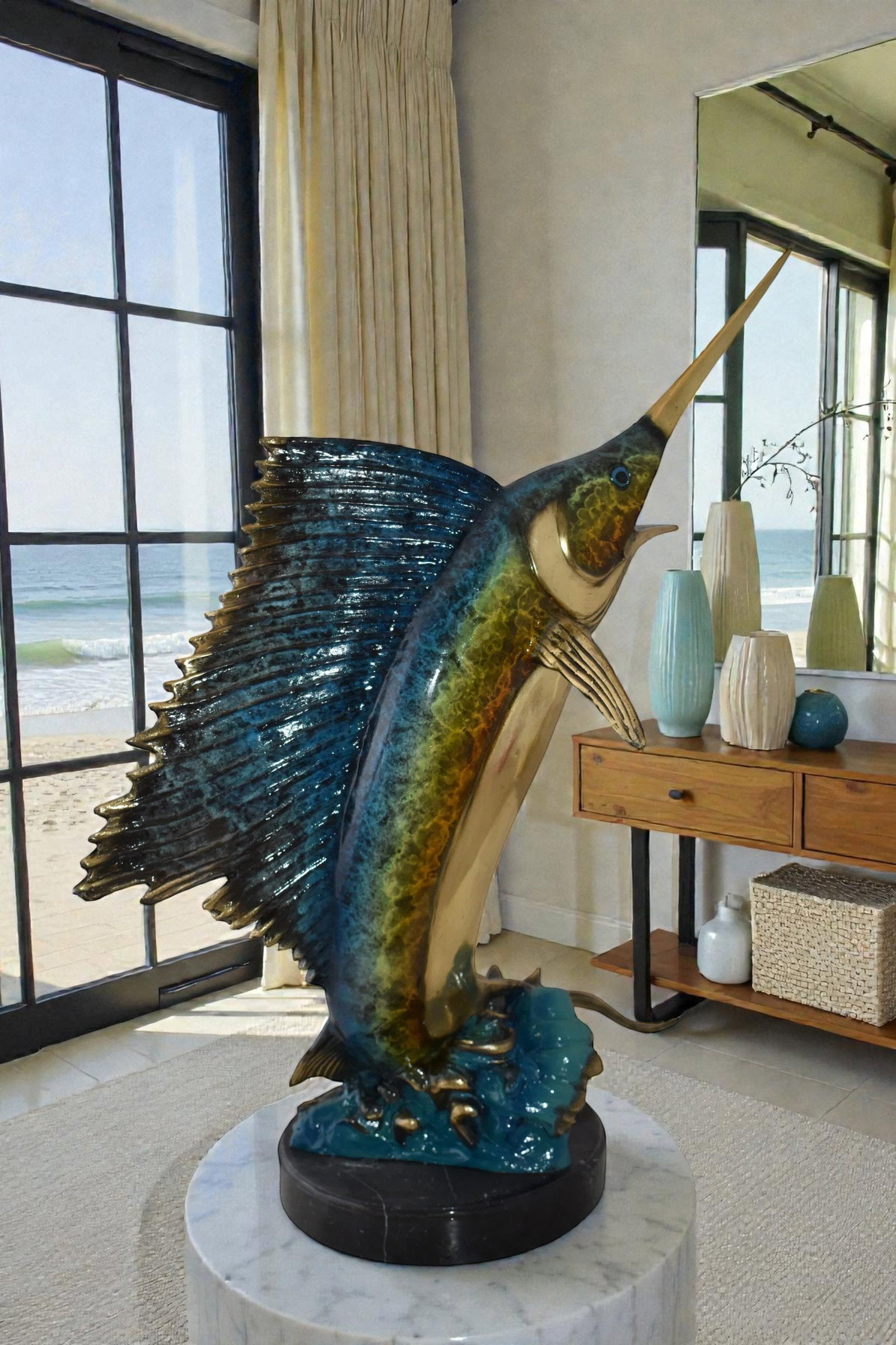 Gold And Blue Sailfish Swimming In Ocean Bronze Statue Size: 18" x 16" x 26"H - 4