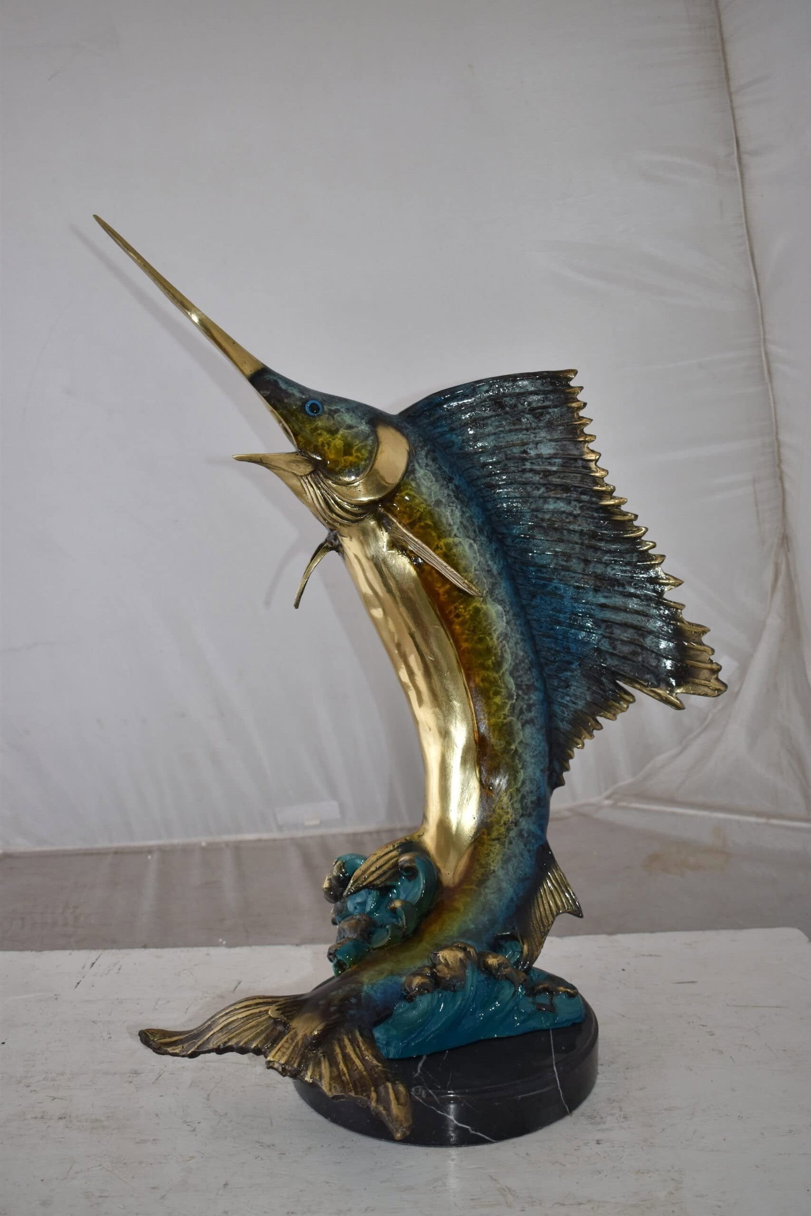 Gold And Blue Sailfish Swimming In Ocean Bronze Statue Size: 18" x 16" x 26"H - 5