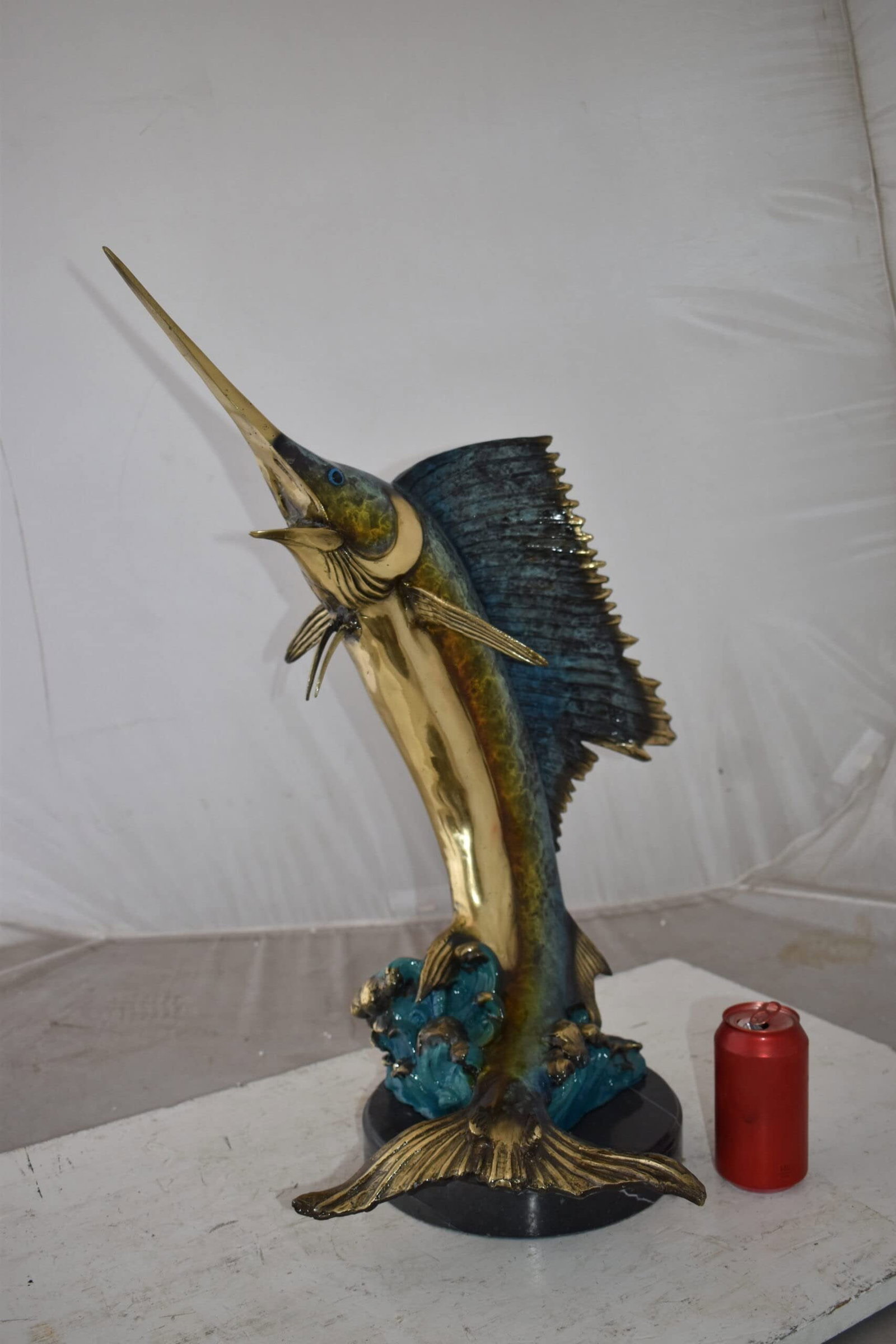 Gold And Blue Sailfish Swimming In Ocean Bronze Statue Size: 18" x 16" x 26"H - 6
