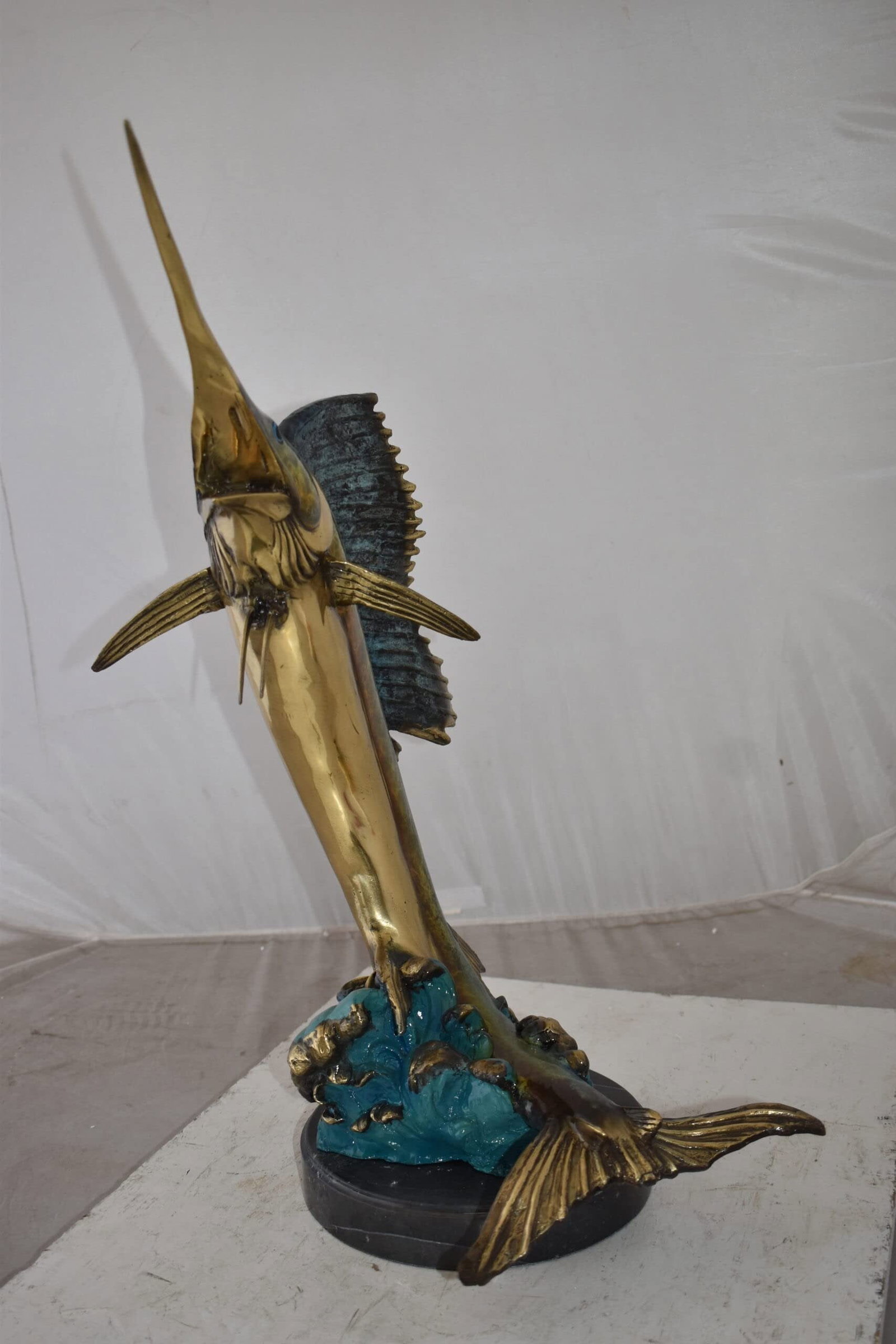 Gold And Blue Sailfish Swimming In Ocean Bronze Statue Size: 18" x 16" x 26"H - 7