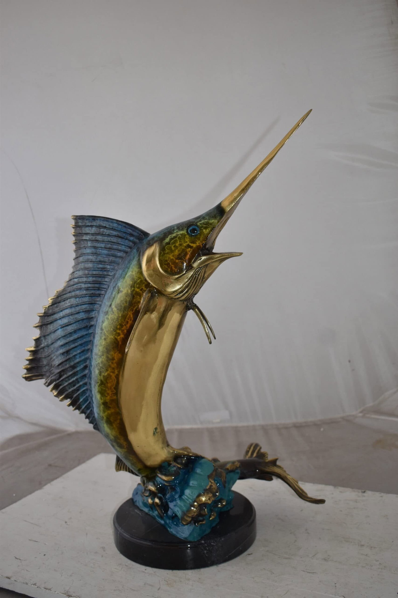 Gold And Blue Sailfish Swimming In Ocean Bronze Statue Size: 18" x 16" x 26"H - 9