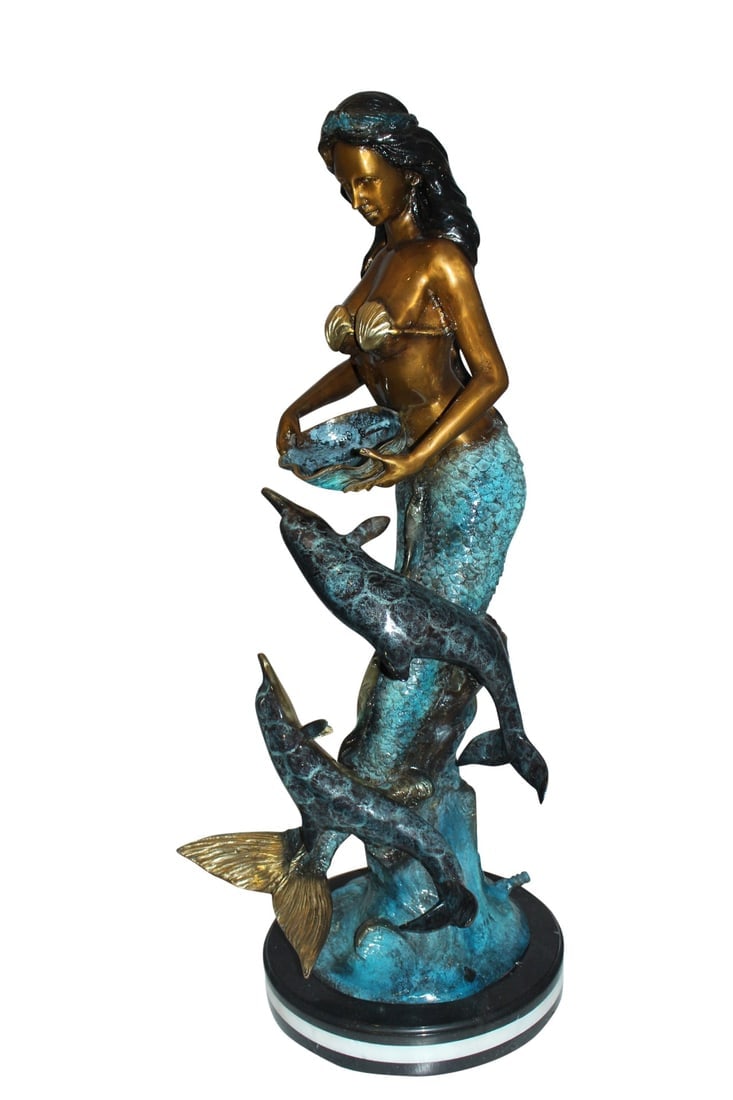 Mermaid with Dolphin Fountain Bronze Statue - Size: 16"L x 16"W x 39"H. - 4