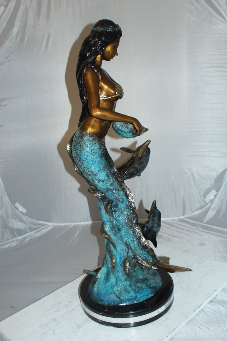 Mermaid with Dolphin Fountain Bronze Statue - Size: 16"L x 16"W x 39"H. - 6