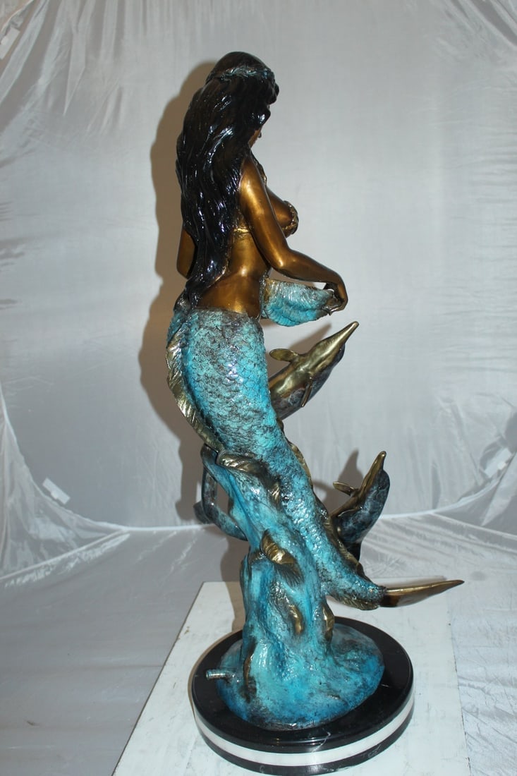 Mermaid with Dolphin Fountain Bronze Statue - Size: 16"L x 16"W x 39"H. - 7