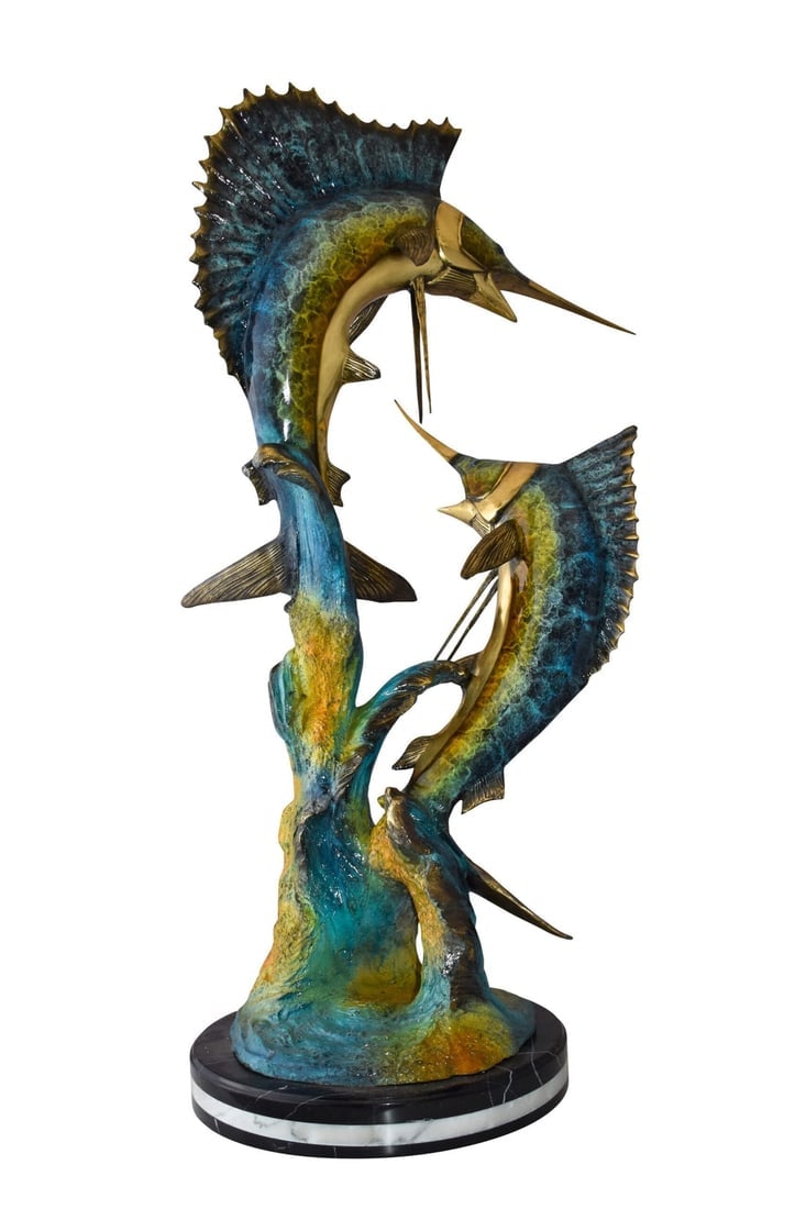 Set Of Intertwined Sailfish and Marlin Colored Bronze Statue 27" x 20" x 47"H: Title:Set Of Intertwined Sailfish and Marlin Colored Bronze Statue 27" x 20" x 47"H Description:This bronze statue of a fierce pair of marlin fish combines striking colors and careful attention to