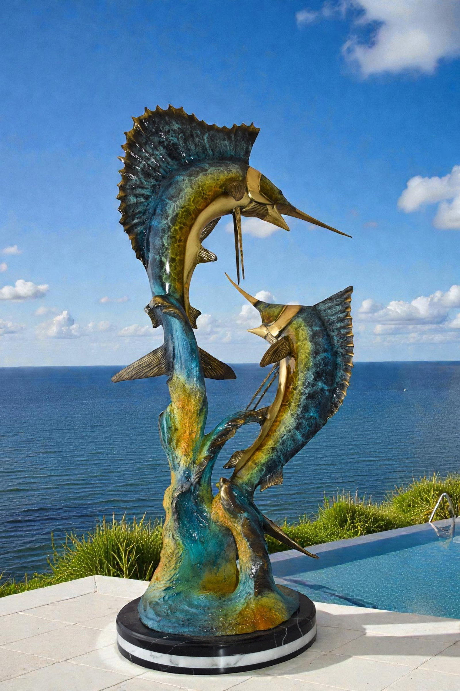 Set Of Intertwined Sailfish and Marlin Colored Bronze Statue 27" x 20" x 47"H - 3