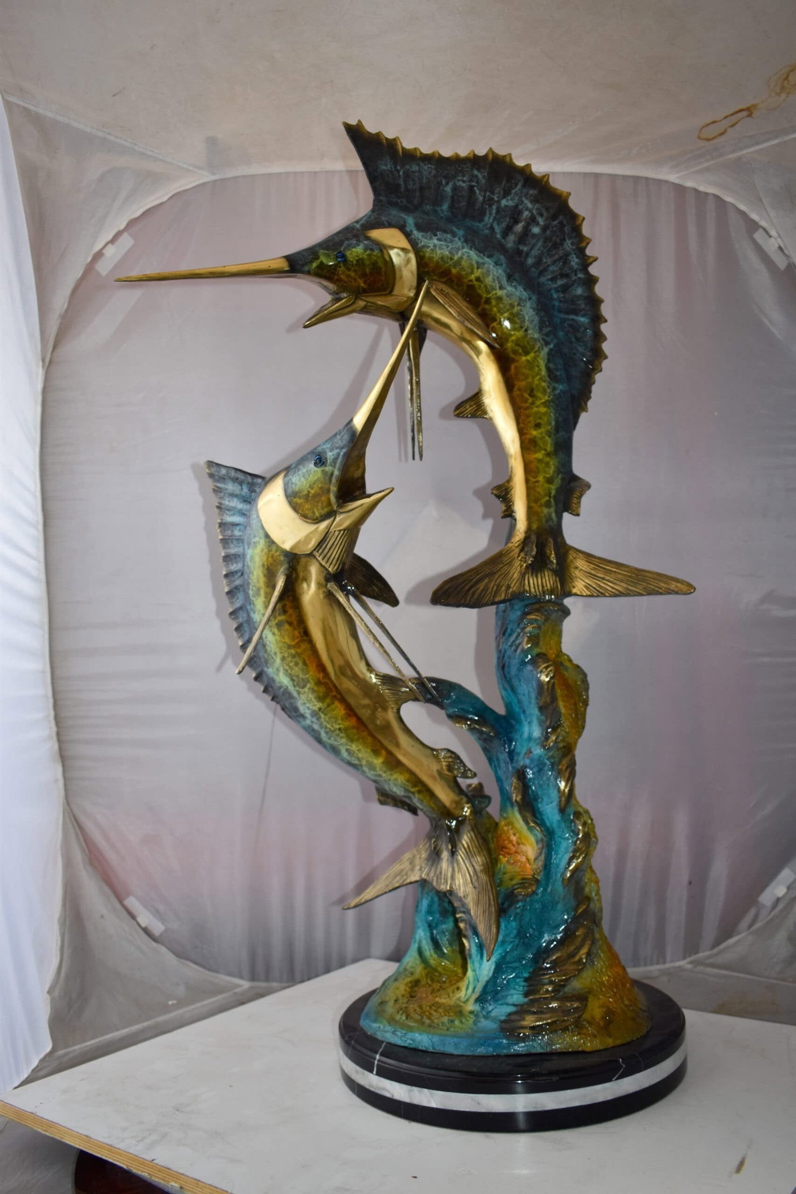 Set Of Intertwined Sailfish and Marlin Colored Bronze Statue 27" x 20" x 47"H - 9
