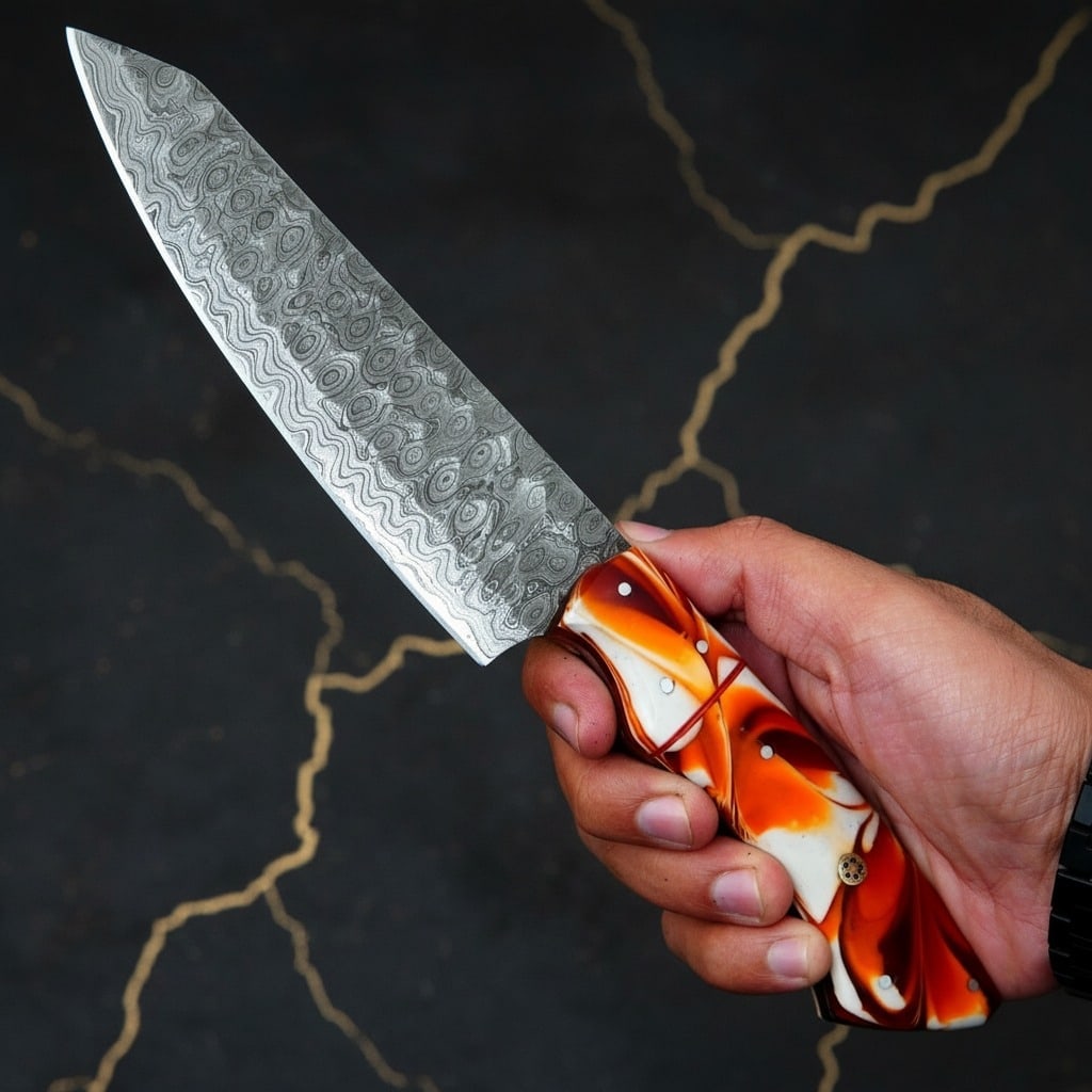 5pc Hand-Forged Damascus Steel Chef Knife Set Hammered Blade w/ Leather Roll - 2