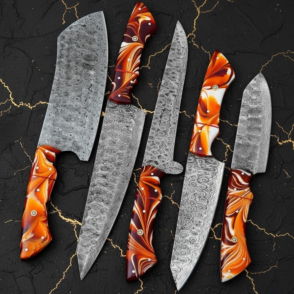 5pc Hand-Forged Damascus Steel Chef Knife Set Hammered Blade w/ Leather Roll - 5