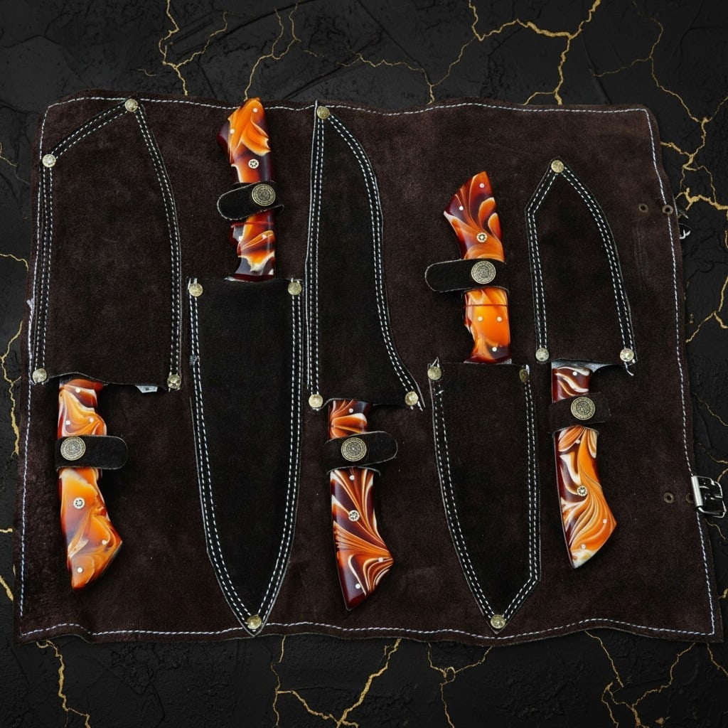 5pc Hand-Forged Damascus Steel Chef Knife Set Hammered Blade w/ Leather Roll - 6