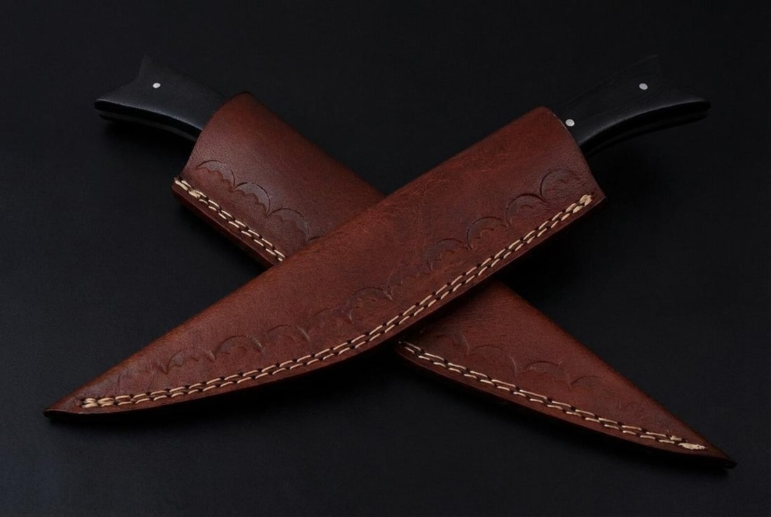 Hand Forged Damascus Steel Hunting Knife with Micarta Handle & Leather Sheath - 5