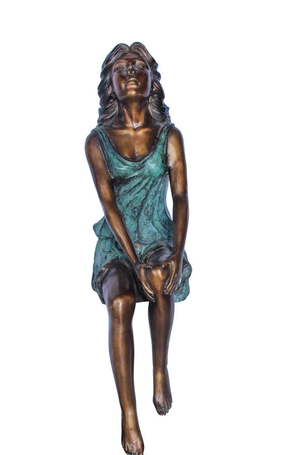 Graceful Young Woman Sitting on the Ledge Bronze Statue 13" x 7" x 23"H: Title:Graceful Young Woman Sitting on the Ledge Bronze Statue 13" x 7" x 23"H Description:Graceful young woman sitting on the ledge bronze statue, handcrafted and casted using traditional lost wax