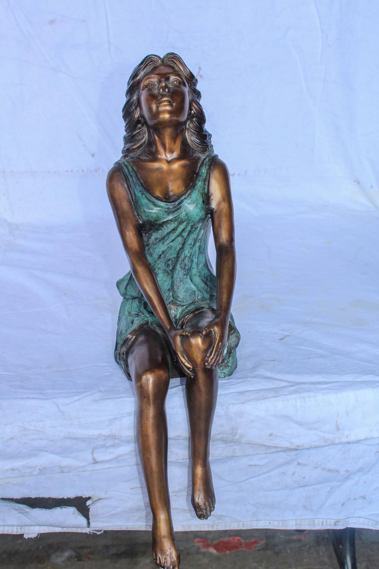 Graceful Young Woman Sitting on the Ledge Bronze Statue 13" x 7" x 23"H - 4