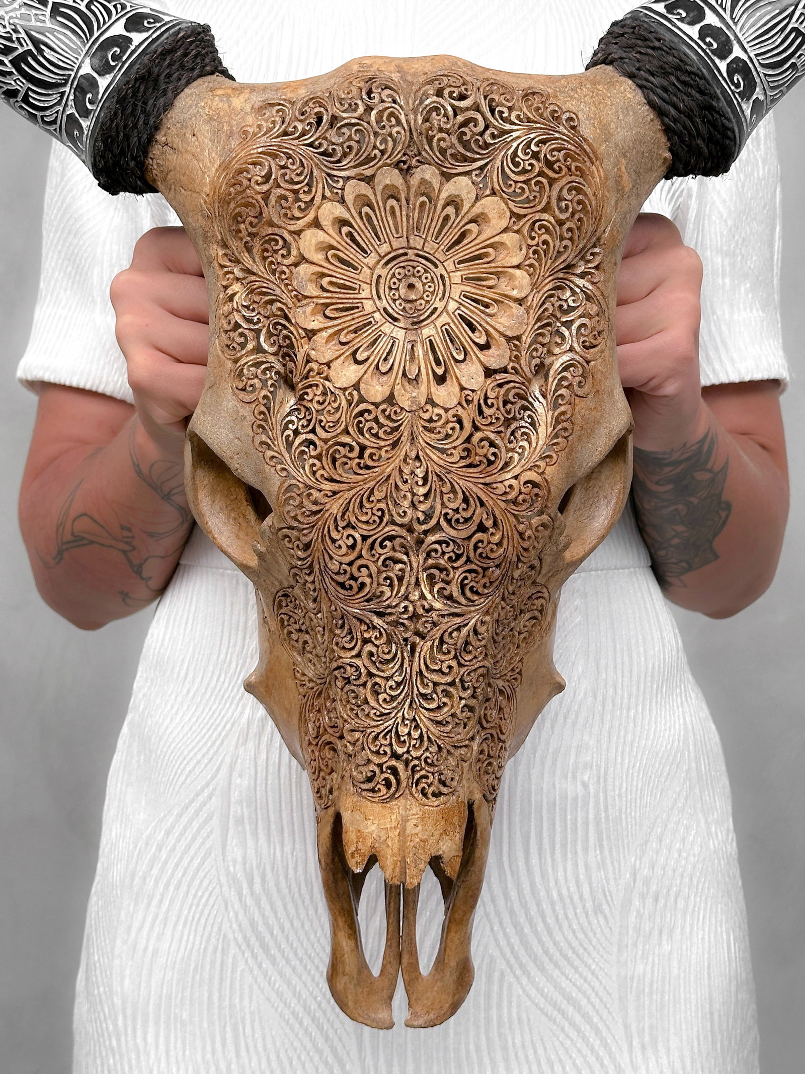 Brown cow skull carved horns - Flower mandala motif - 10