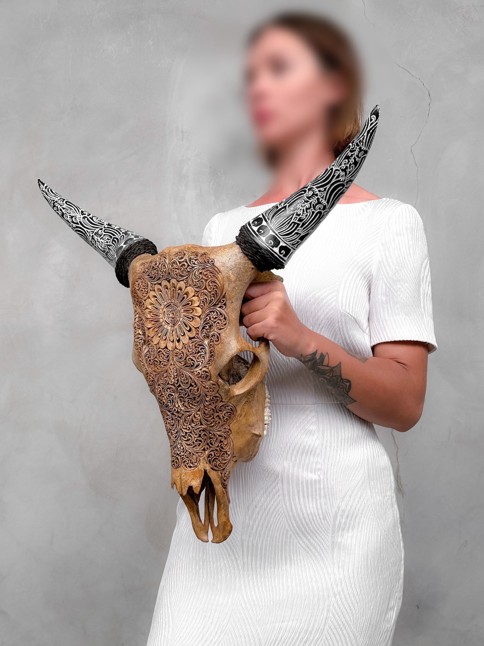 Brown cow skull carved horns - Flower mandala motif - 2