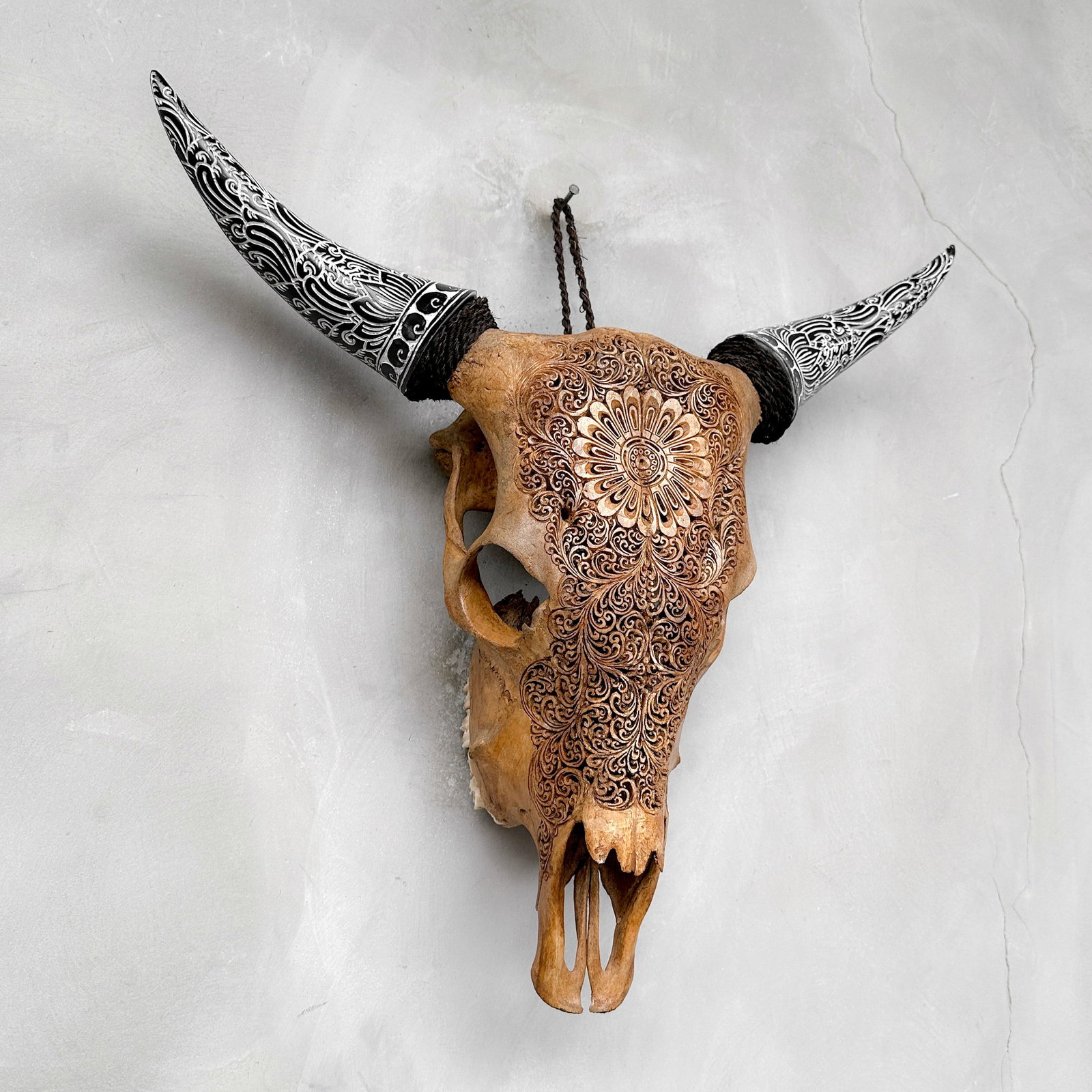 Brown cow skull carved horns - Flower mandala motif - 5