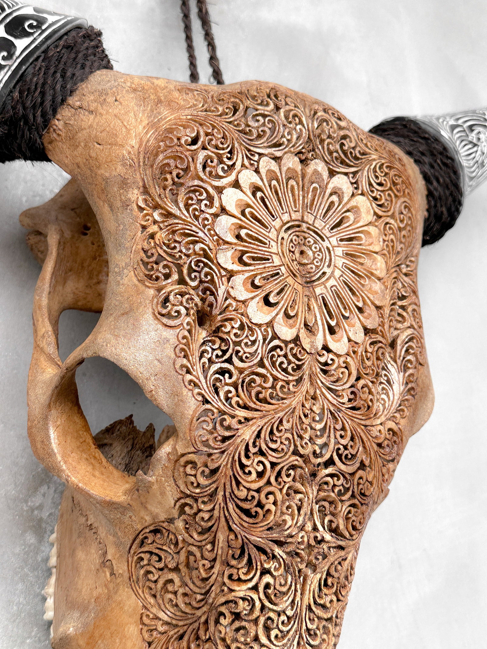 Brown cow skull carved horns - Flower mandala motif - 6