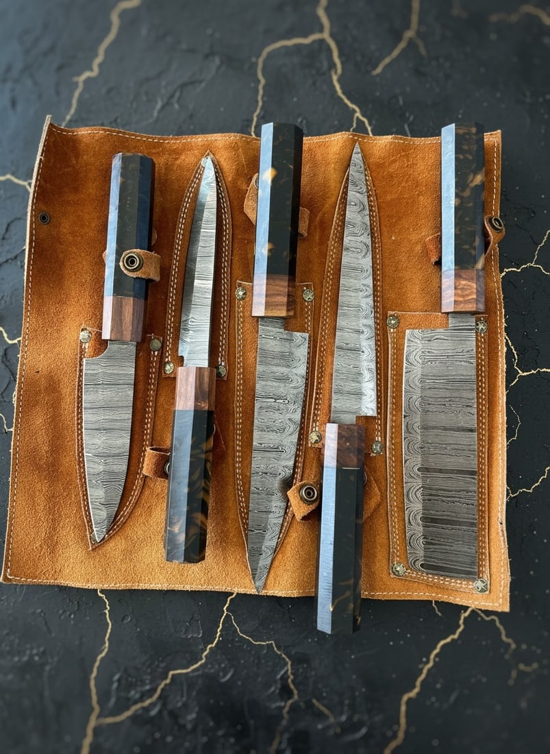 5 Piece Damascus Steel Kitchen Knife Set, Resin Handles, Leather Storage Case - 2