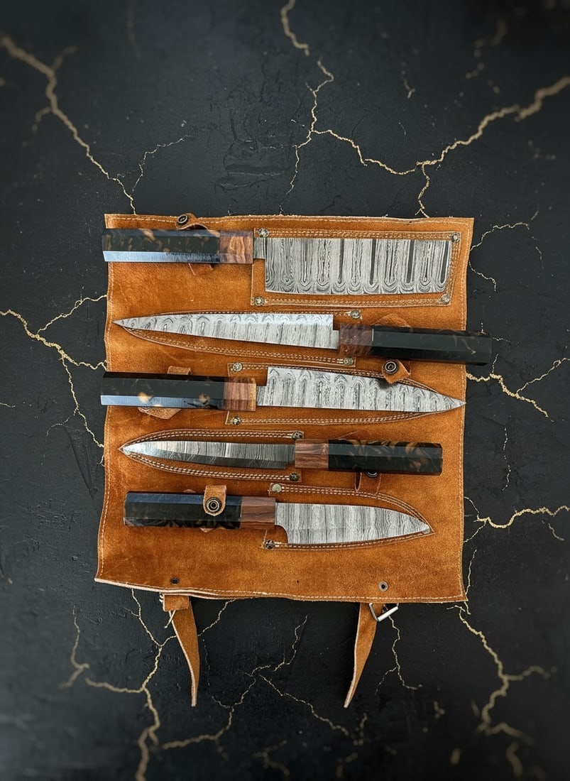 5 Piece Damascus Steel Kitchen Knife Set, Resin Handles, Leather Storage Case - 7