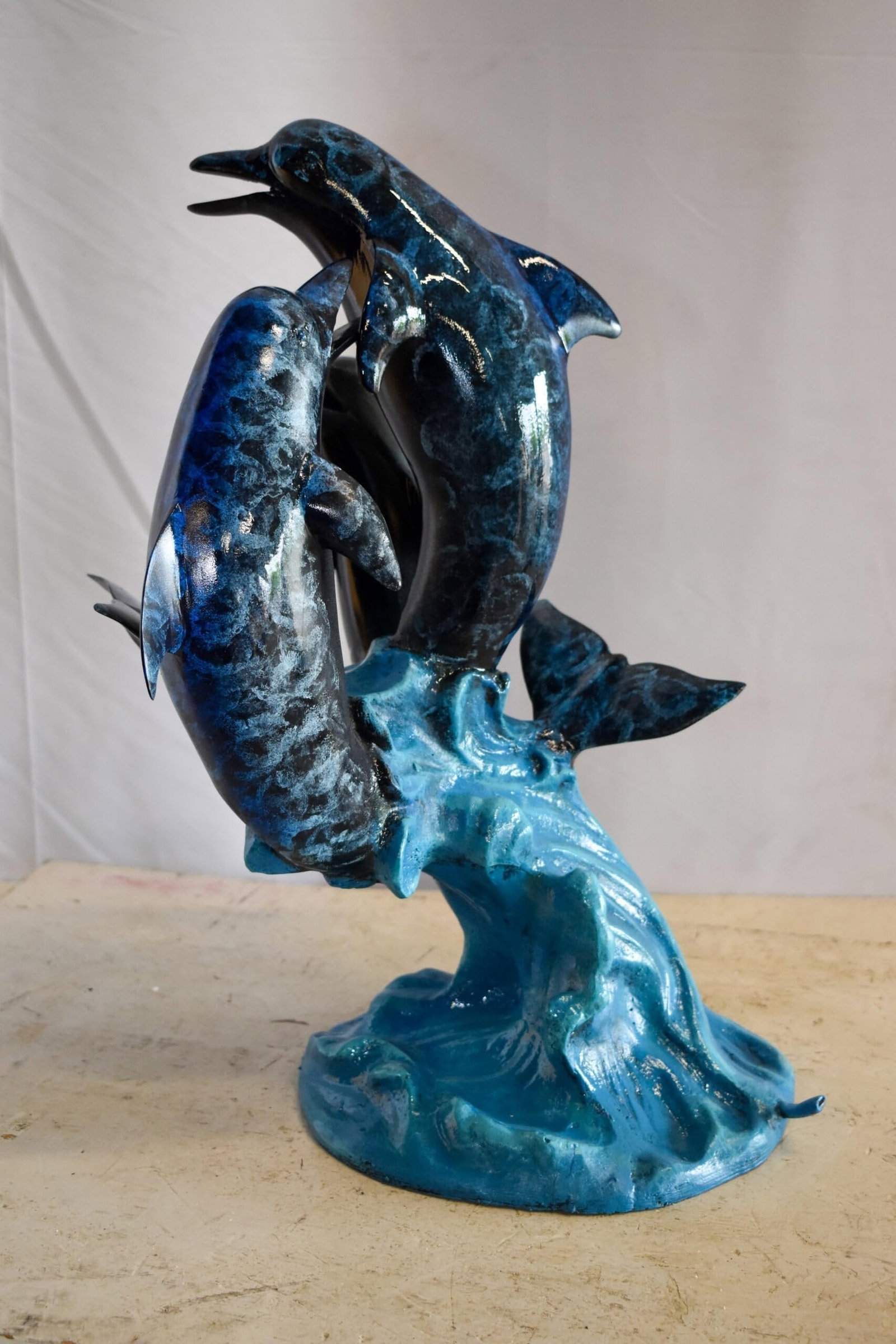 Pod of Dolphins Playfully On A Wave Resin Statue, Fountain 15" x 14" x 20"H - 10