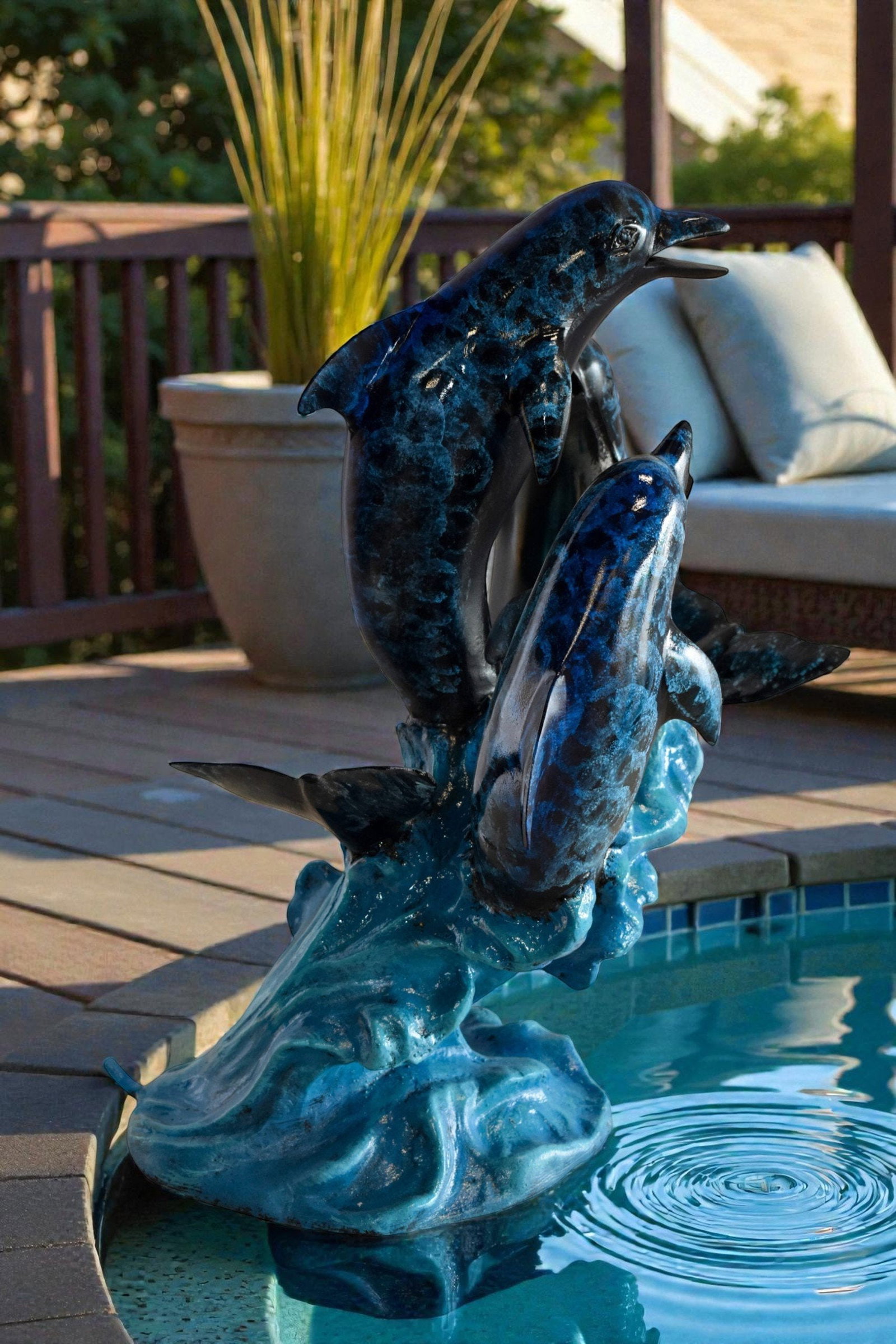 Pod of Dolphins Playfully On A Wave Resin Statue, Fountain 15" x 14" x 20"H - 3