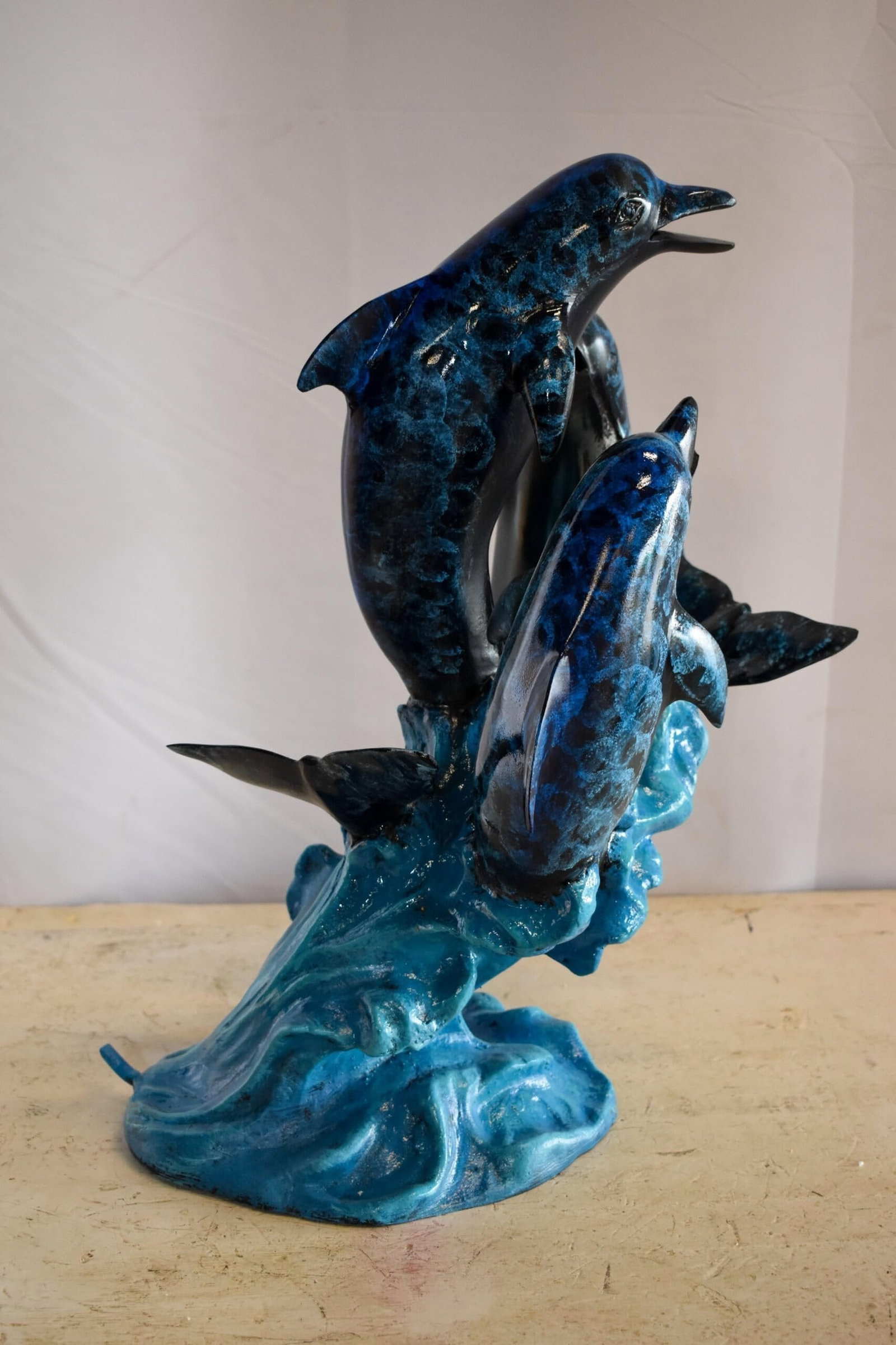 Pod of Dolphins Playfully On A Wave Resin Statue, Fountain 15" x 14" x 20"H - 4