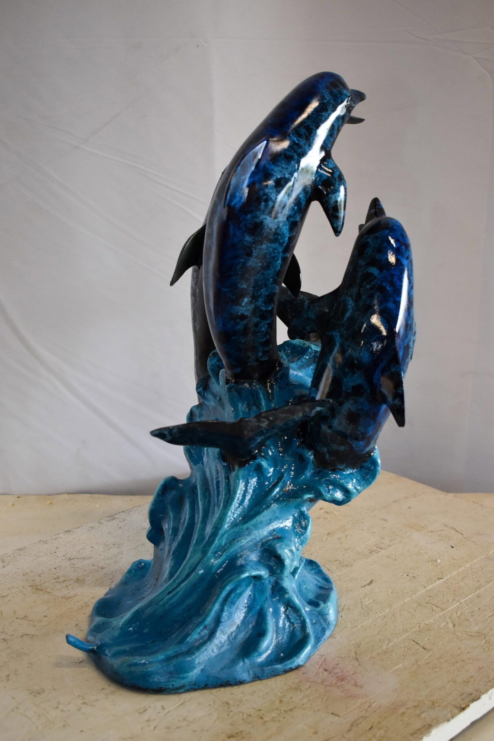 Pod of Dolphins Playfully On A Wave Resin Statue, Fountain 15" x 14" x 20"H - 5