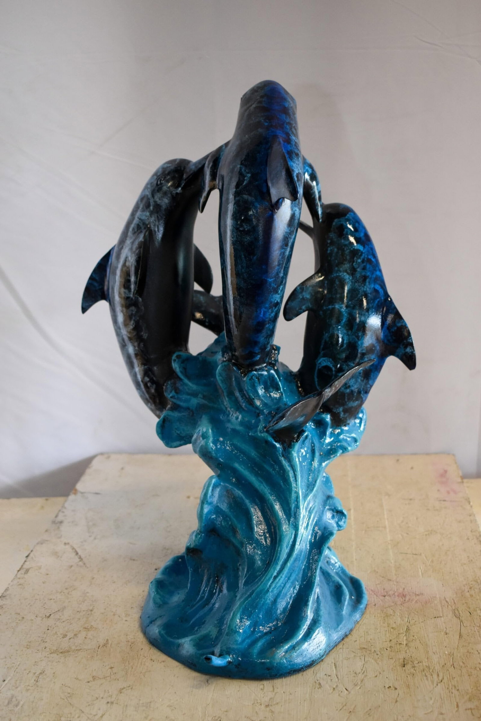 Pod of Dolphins Playfully On A Wave Resin Statue, Fountain 15" x 14" x 20"H - 7