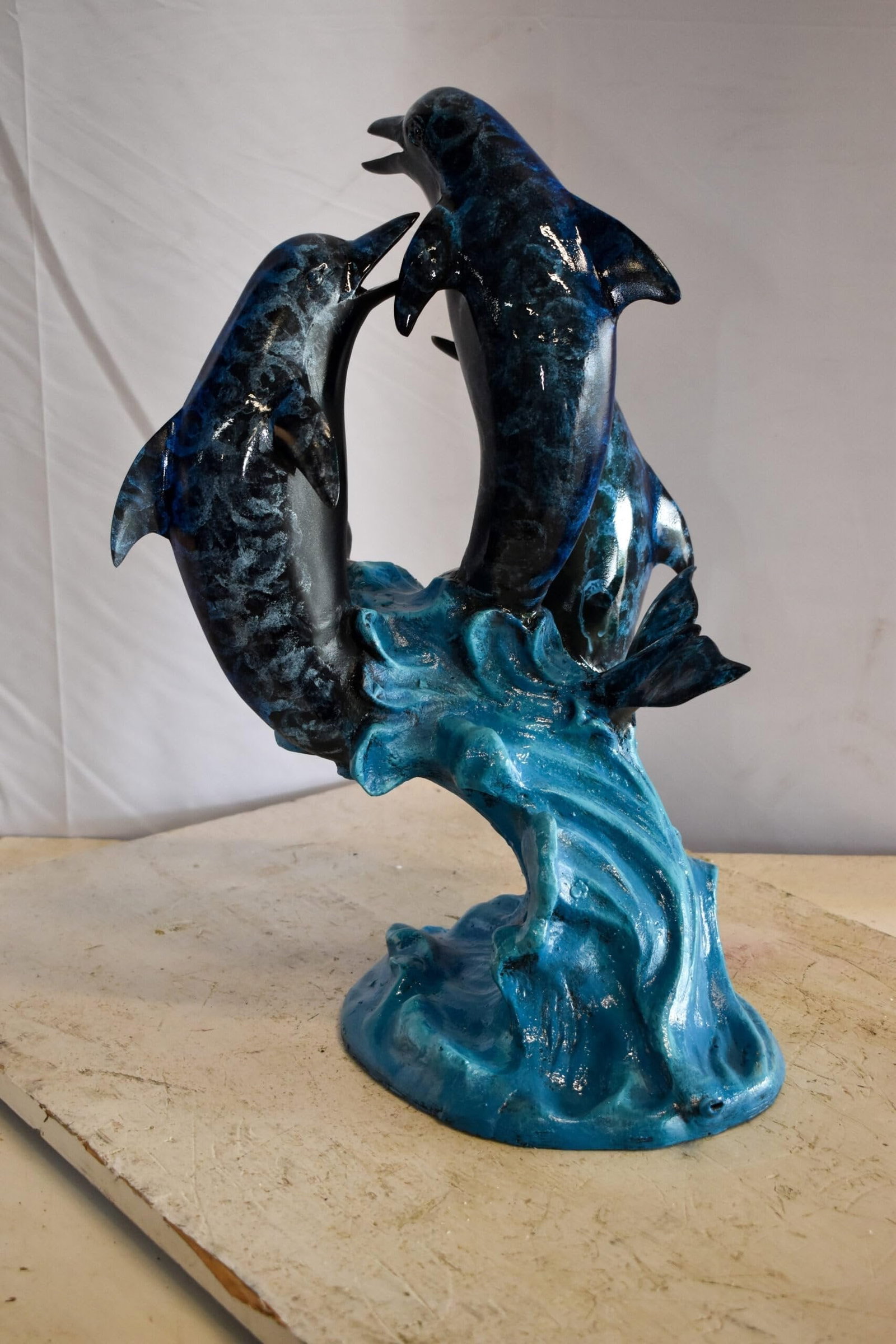 Pod of Dolphins Playfully On A Wave Resin Statue, Fountain 15" x 14" x 20"H - 9