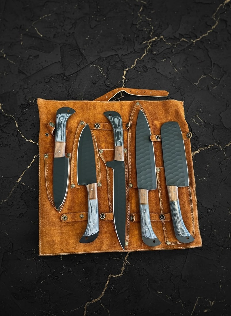 5pc Hand-Forged D2 Steel Chef Knife Set Hammered Blade with Leather Roll - 2