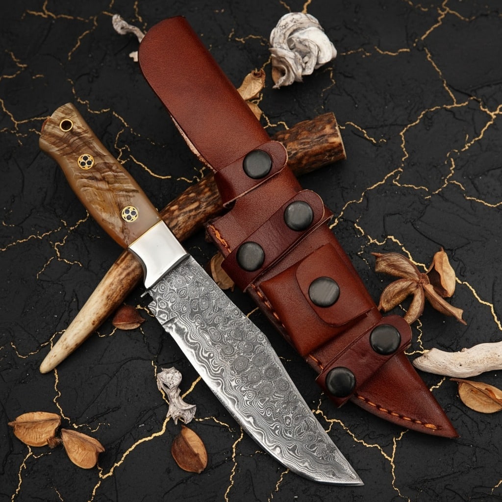 Handcrafted Damascus Steel Hunting Knife Ram Horn Handle Mosaic Pin Sheath: Title:Handcrafted Damascus Steel Hunting Knife Ram Horn Handle Mosaic Pin Sheath Description:This handcrafted knife features a 10-inch overall length and comes with a cowhide leather sheath. Each