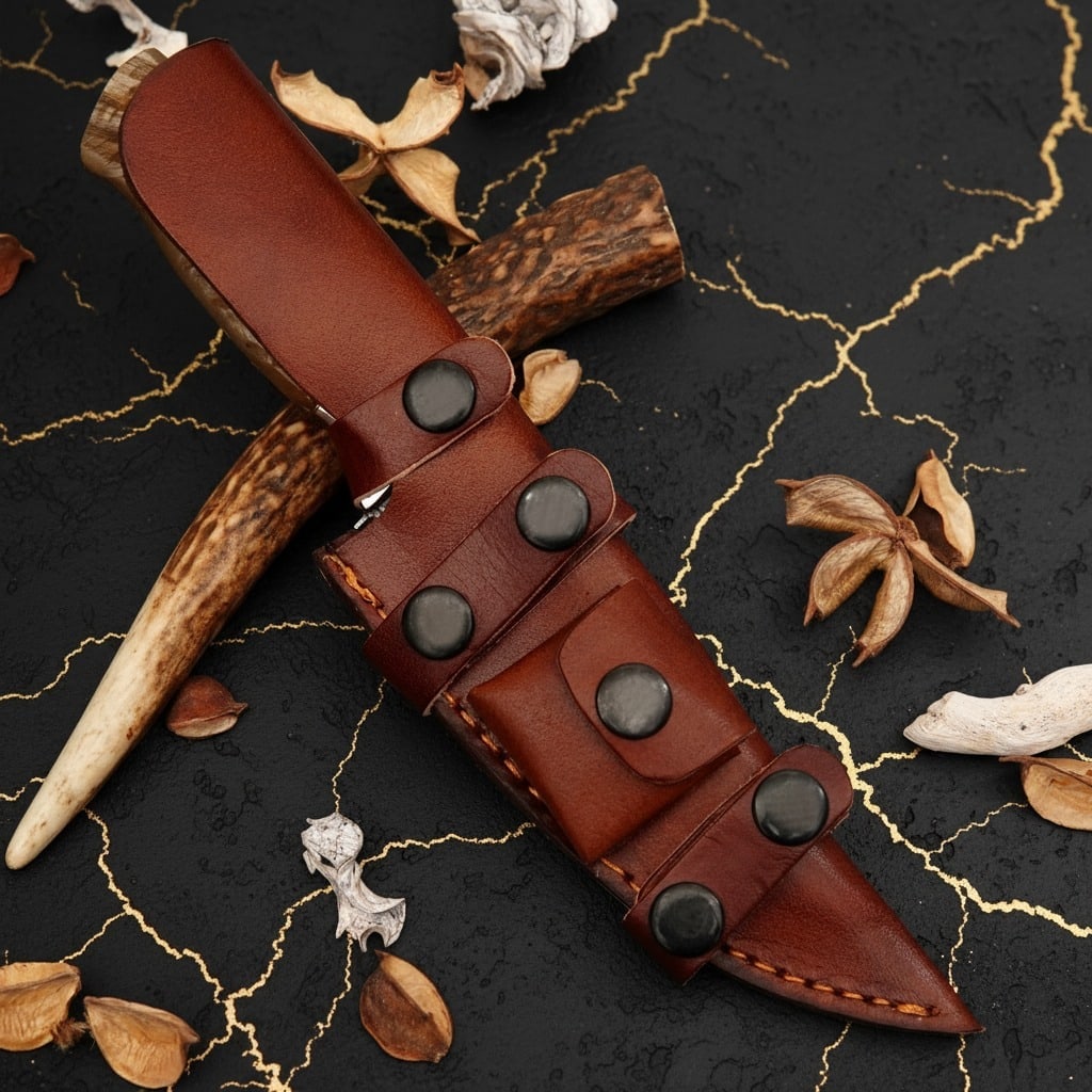 Handcrafted Damascus Steel Hunting Knife Ram Horn Handle Mosaic Pin Sheath - 2
