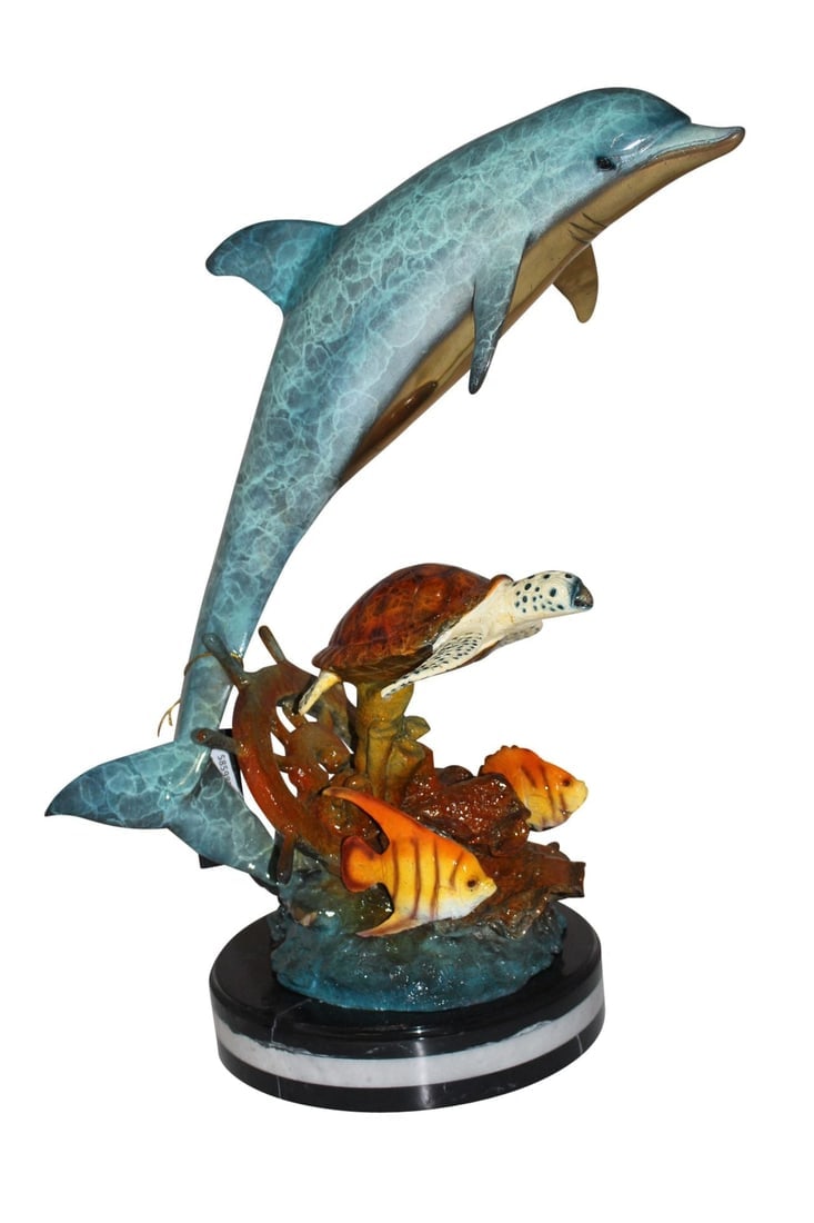 Dolphin turtle and 2 fish Bronze Statue - Size: 18"L x 16"W x 25"H. (1 of 15)