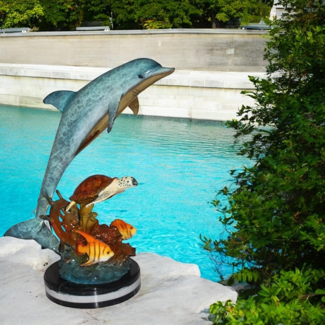 Dolphin turtle and 2 fish Bronze Statue - Size: 18"L x 16"W x 25"H. - 3