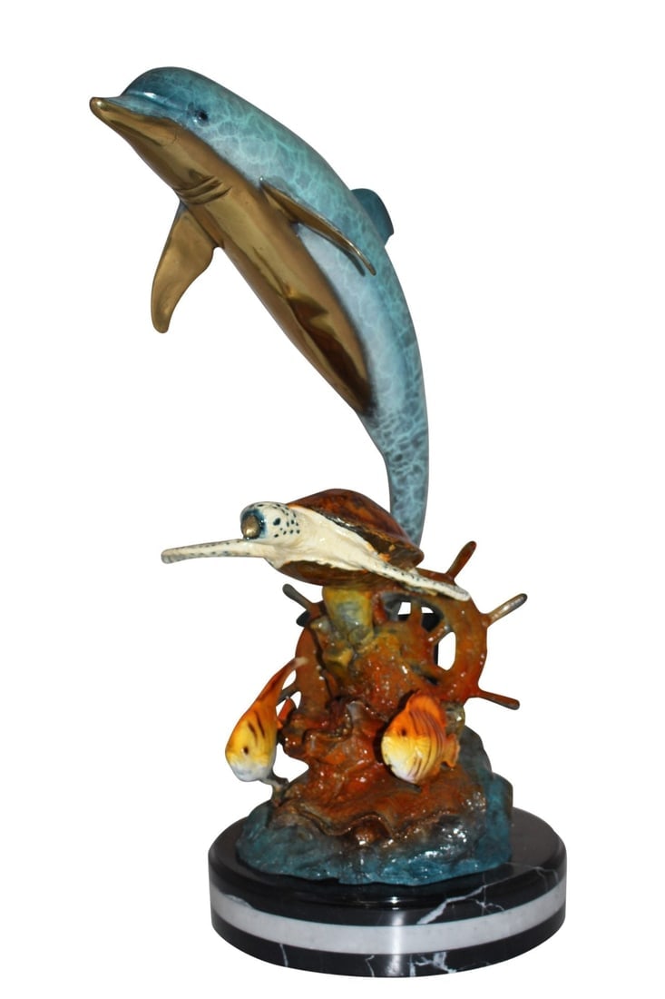 Dolphin turtle and 2 fish Bronze Statue - Size: 18"L x 16"W x 25"H. - 4