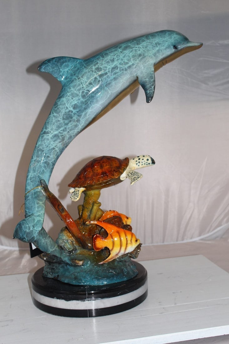 Dolphin turtle and 2 fish Bronze Statue - Size: 18"L x 16"W x 25"H. - 7