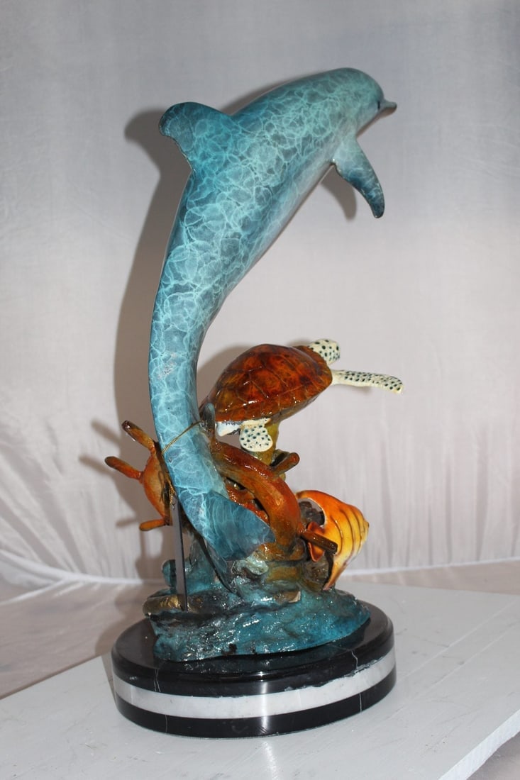 Dolphin turtle and 2 fish Bronze Statue - Size: 18"L x 16"W x 25"H. - 8