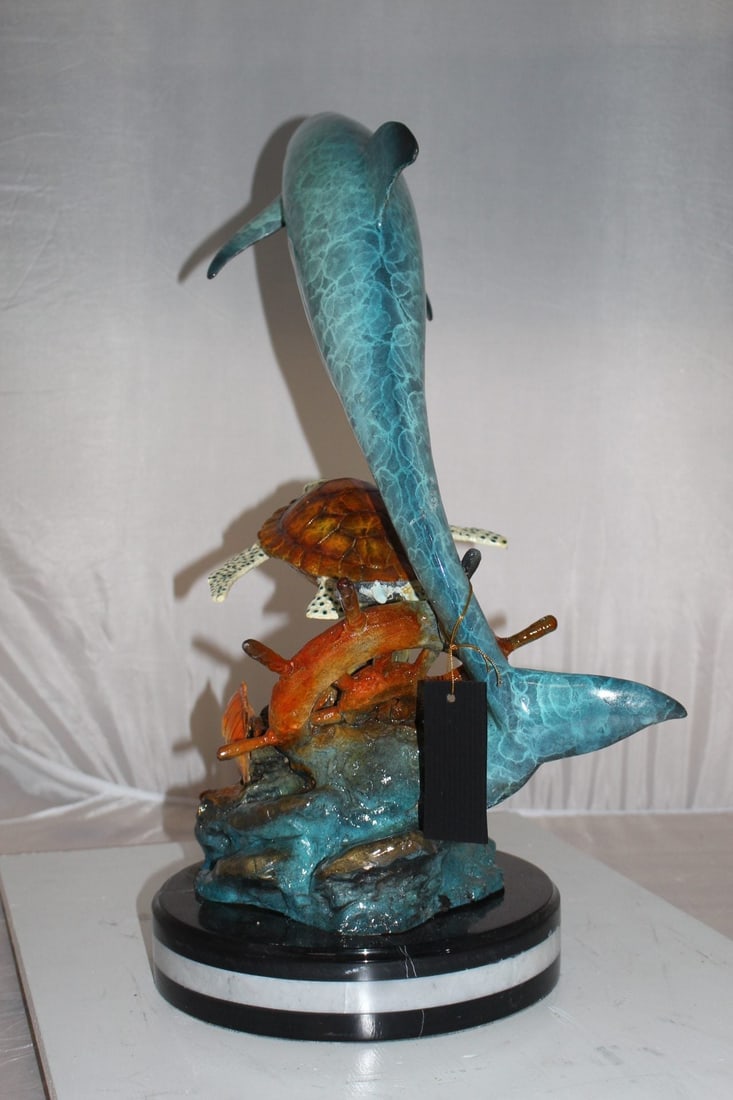 Dolphin turtle and 2 fish Bronze Statue - Size: 18"L x 16"W x 25"H. - 9