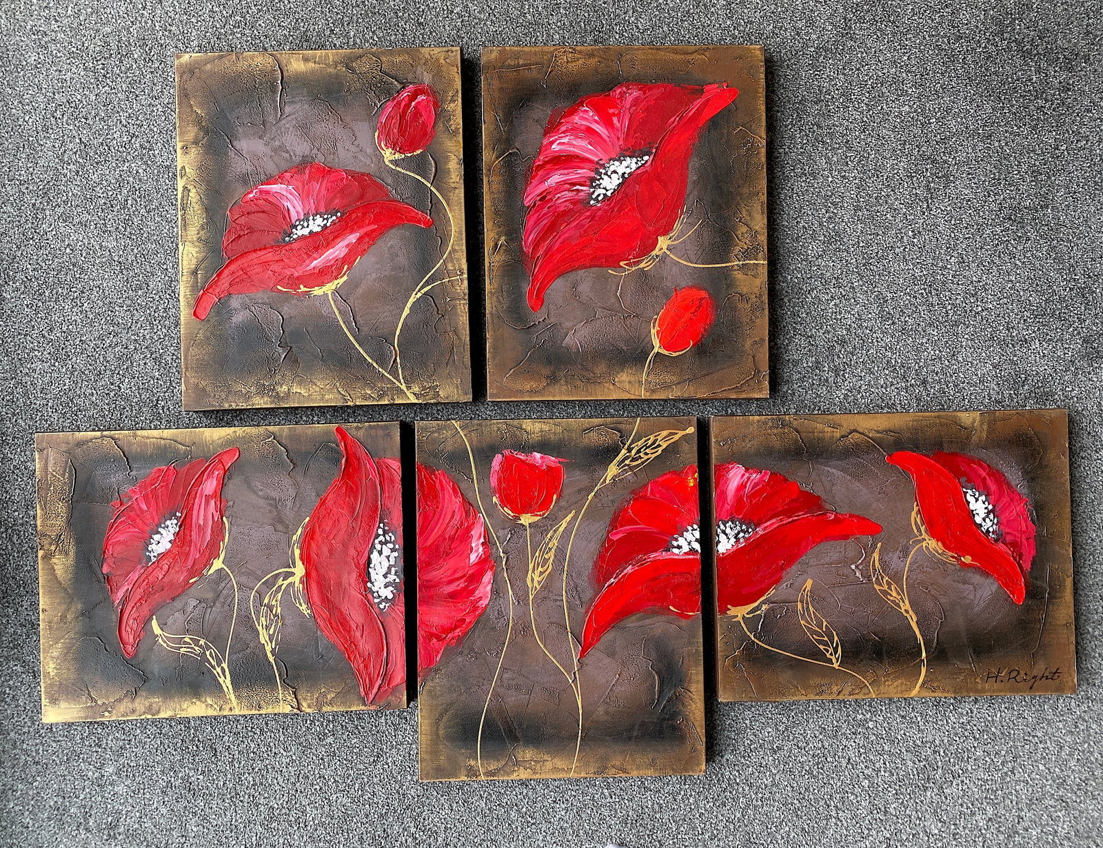 Five Piece Acrylic Painting of Poppies On Canvas: Title: Five Piece Acrylic Painting of Poppies On Canvas Maker:Unknown Origin: Unknown Date/Period:Unknown Materials:Canvas, Acrylic paint Size:Size: 50 x 40 x 3.5 cm Description:Five Piece Acrylic