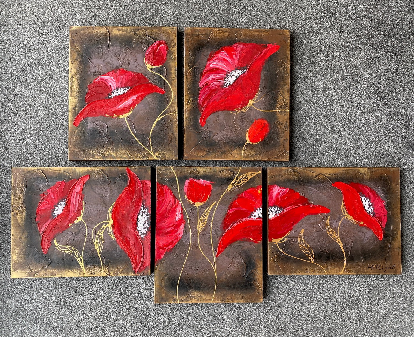 Five Piece Acrylic Painting of Poppies On Canvas - 2