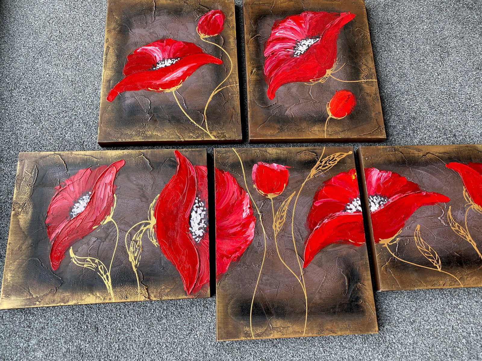 Five Piece Acrylic Painting of Poppies On Canvas - 3