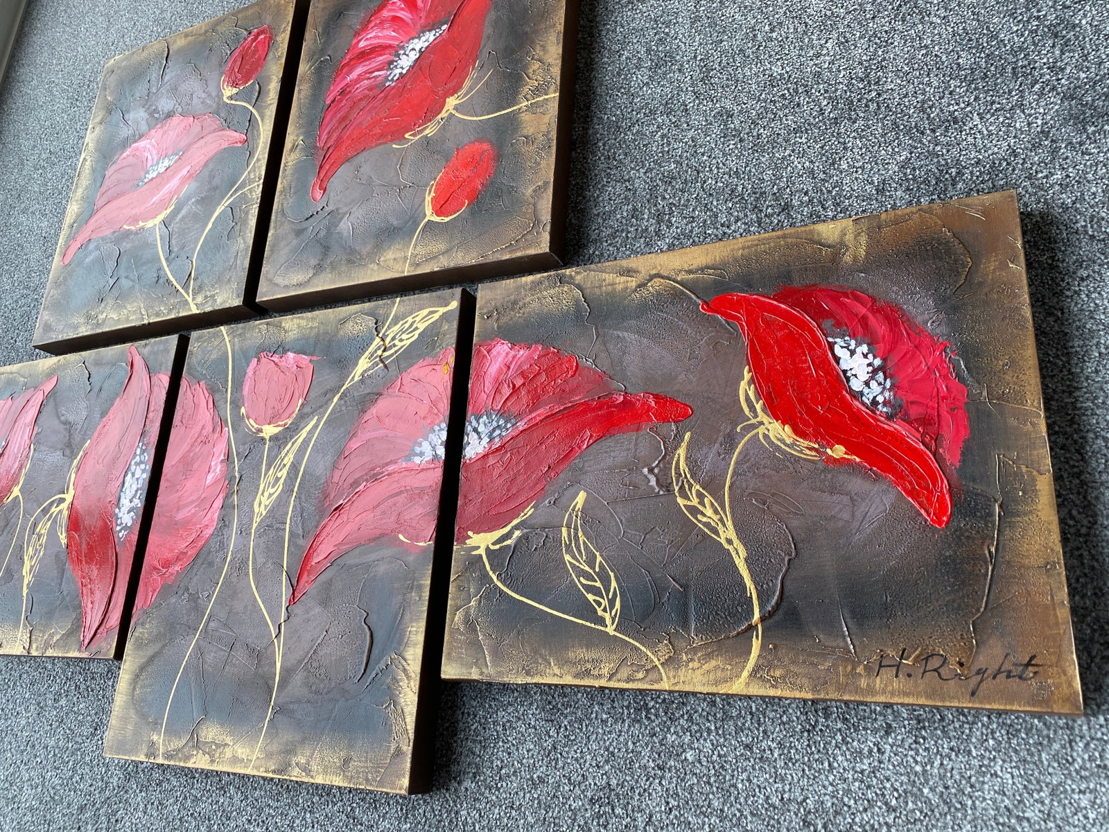 Five Piece Acrylic Painting of Poppies On Canvas - 4