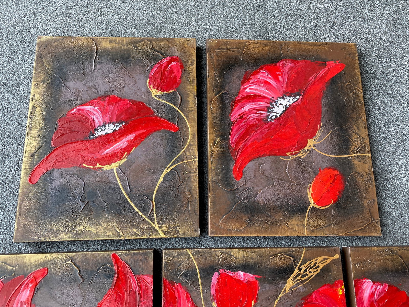 Five Piece Acrylic Painting of Poppies On Canvas - 6