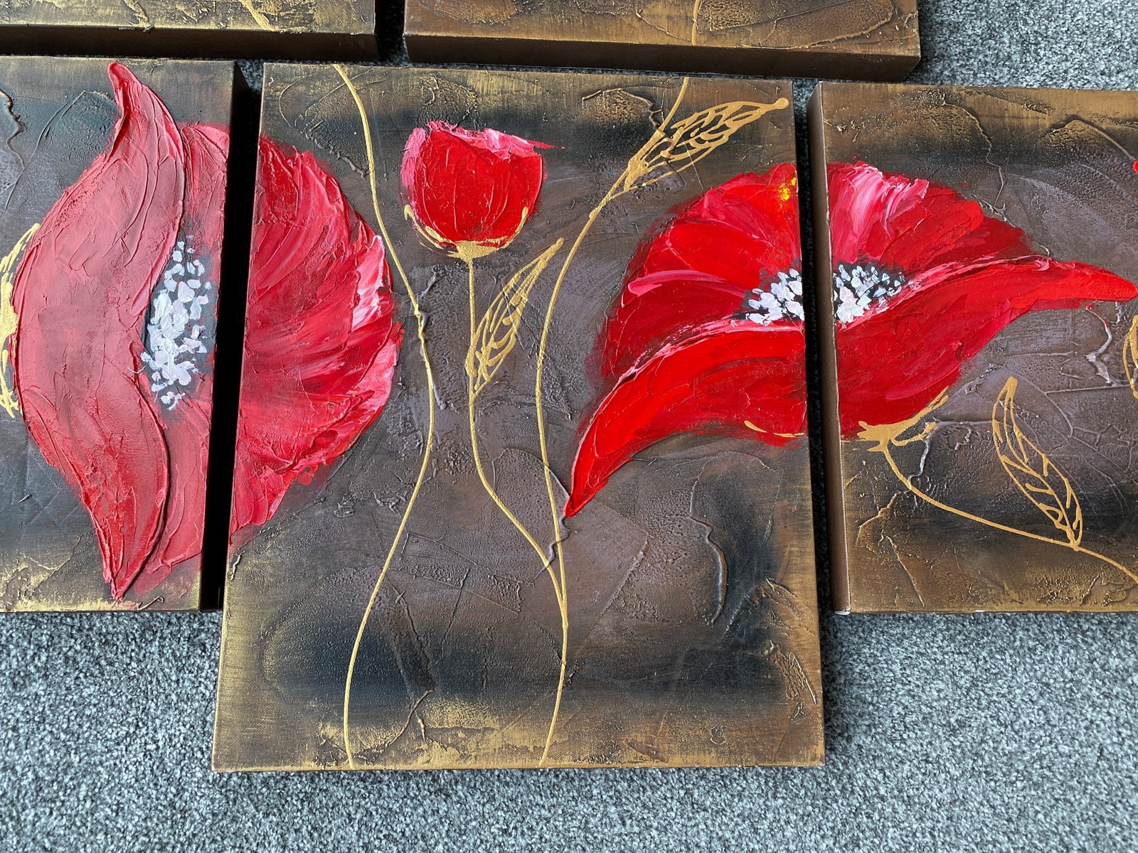 Five Piece Acrylic Painting of Poppies On Canvas - 7