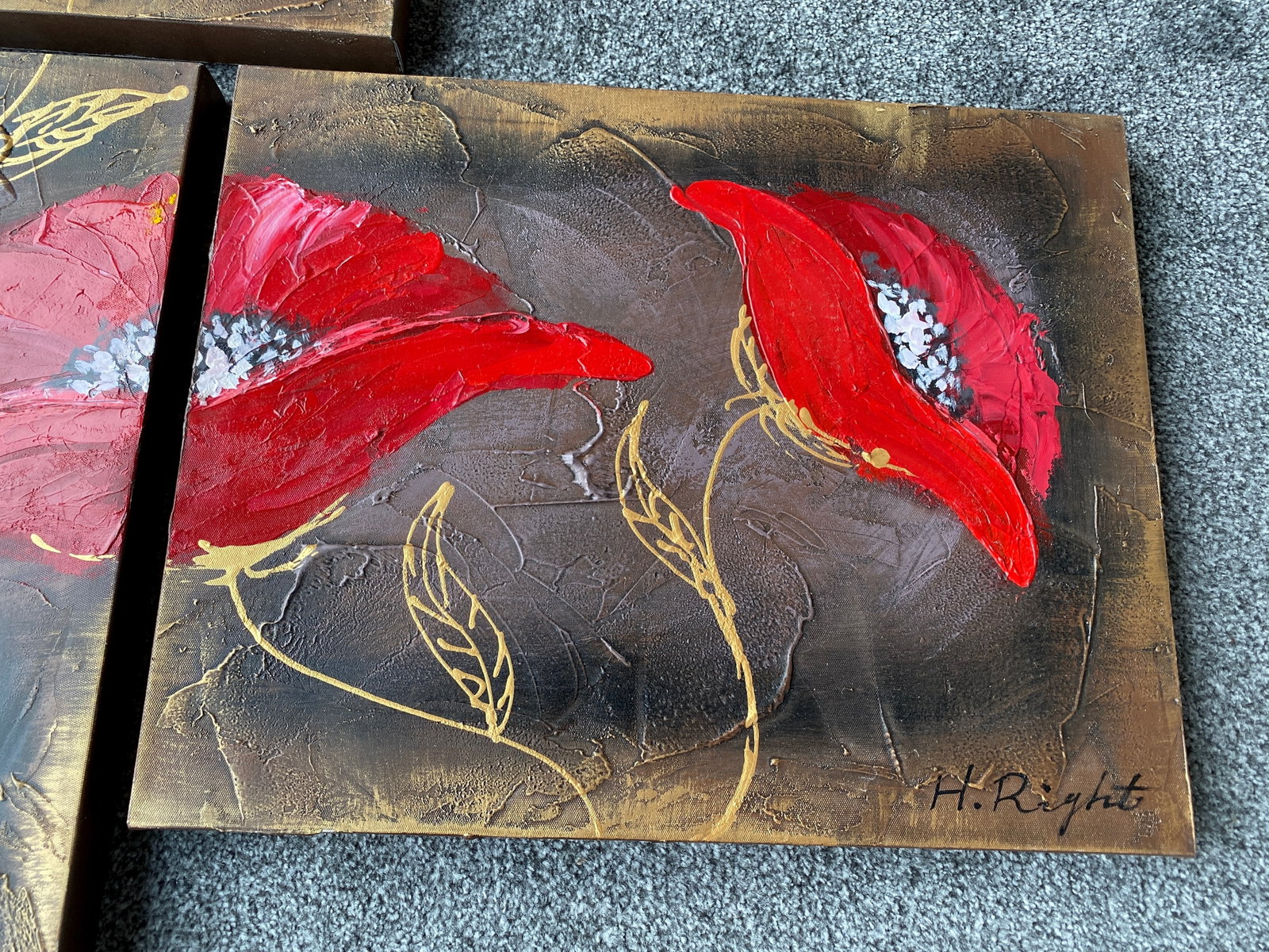 Five Piece Acrylic Painting of Poppies On Canvas - 8
